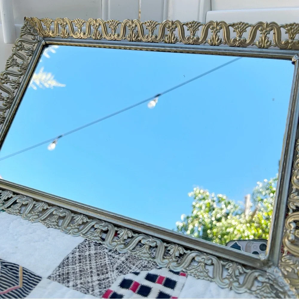 Vintage Hollywood Regency Mirror Dresser Vanity Tray Brass Filigree Decor